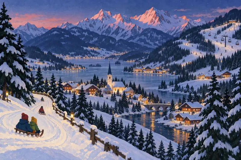 Illustration of a snowy Alpine valley at the start of blue hour: villages with lit windows by a lake, a church spire, chairlifts on the slopes and peaks catching the last pink light