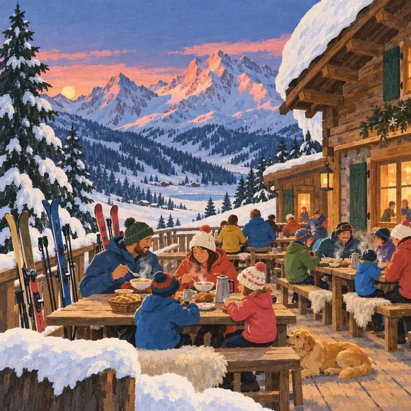 Illustration: families in ski clothes eating lunch at long tables on a sunny mountain-hut terrace