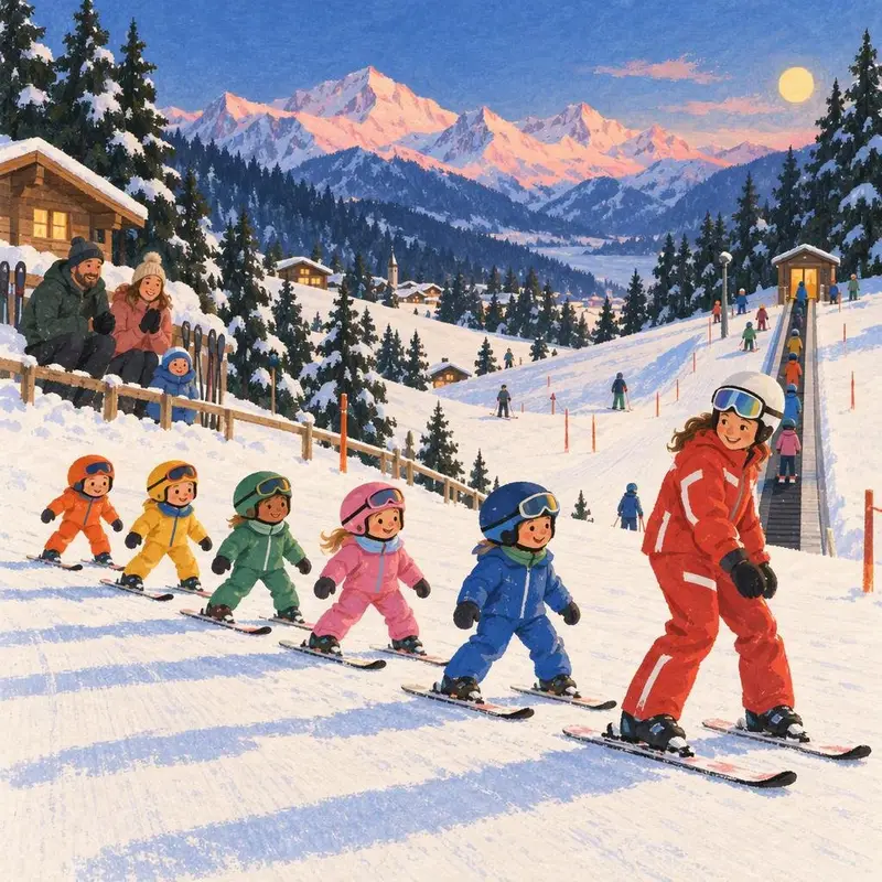 Illustration: a line of small children in bright ski suits following an instructor on a sunny beginner slope, parents watching from a fence