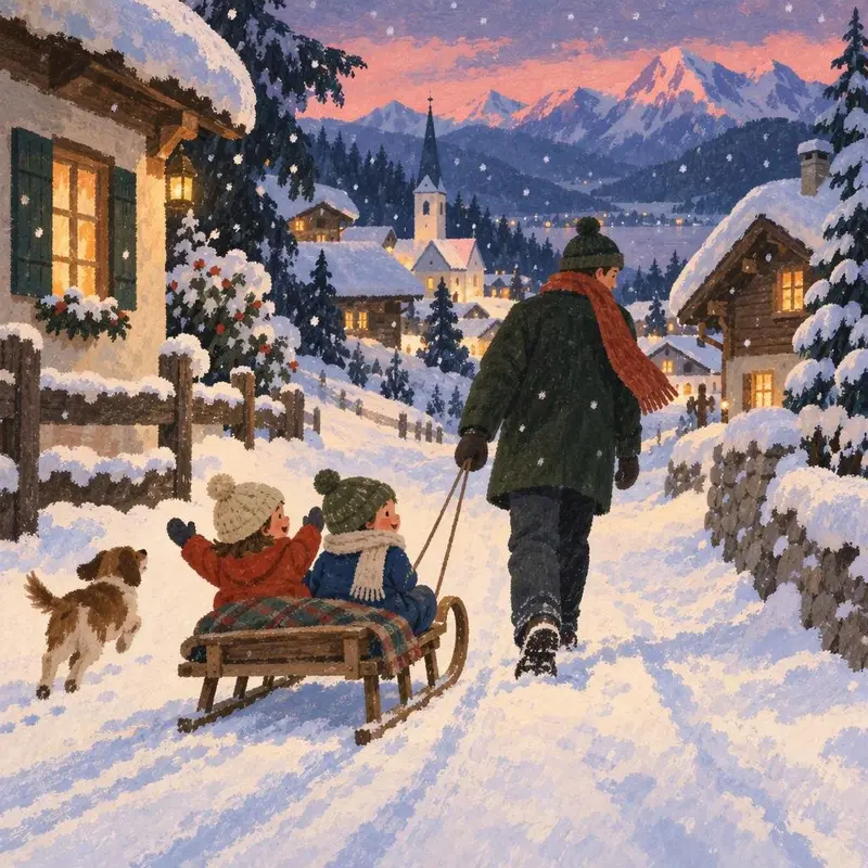 Illustration: a parent pulling two children on a wooden sledge along a snowy village lane at dusk, a dog running alongside