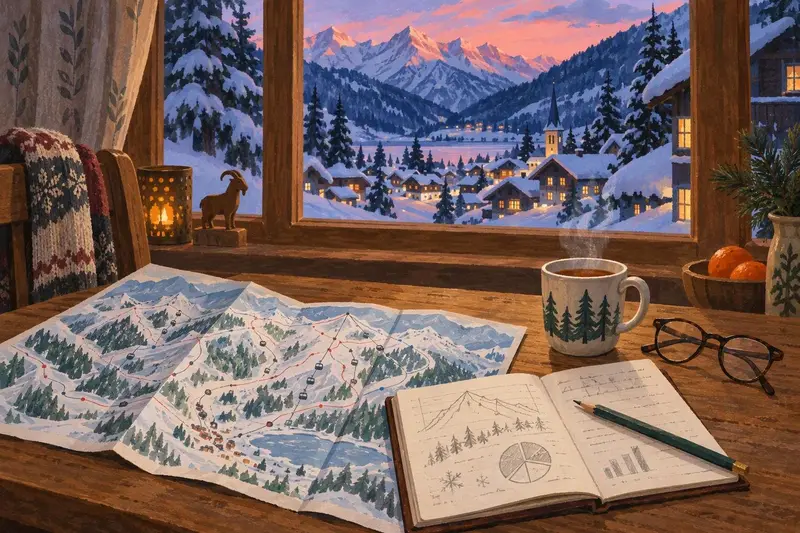 Illustration: an unfolded piste map, a notebook with hand-drawn charts, a mug of tea and reading glasses on a wooden table by a chalet window at dusk