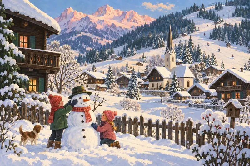 Illustration of Alpbach: dark-wood farmhouses around a church on a snowy hillside, children building a snowman