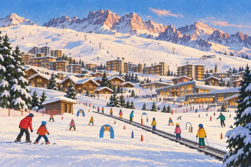 Illustration of Alpe d’Huez: a sunny high plateau of chalets and apartments below wide open pistes, a beginner area in front