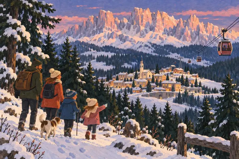 Illustration of Andalo: a plateau village below pale jagged Dolomite peaks, a family walking at the edge of the woods