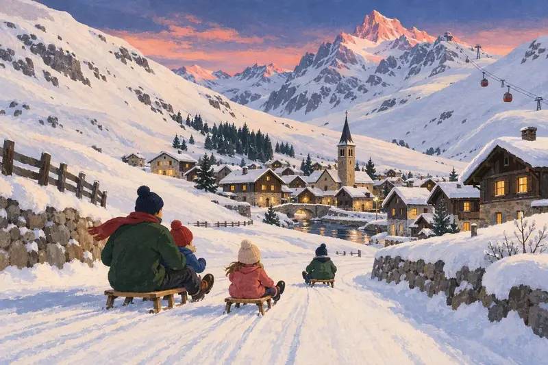 Illustration of Andermatt: stone and wooden houses in a wide treeless valley below a cable car, a family sledging down a snowy road