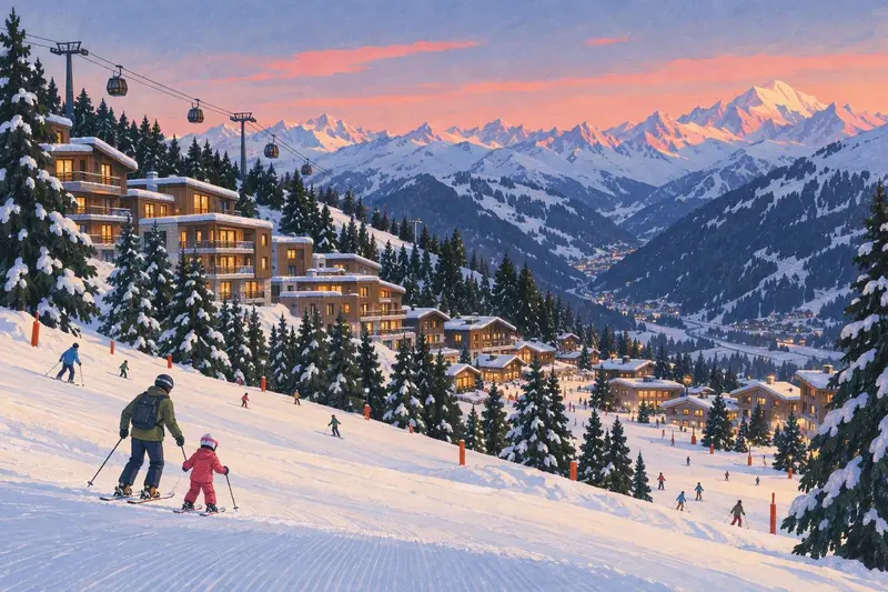 Illustration of Arc 1800 at sunset: wood-clad apartment buildings above the pines, a gondola overhead, and a parent skiing with a small child on the beginner slope
