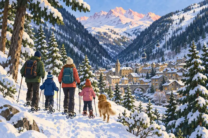 Illustration of Arinsal: stone and slate buildings in a narrow Pyrenean valley below a gondola, a family on snowshoes