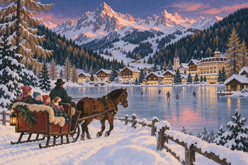 Illustration of Arosa: a village around a frozen lake below pointed rocky peaks, a horse-drawn sleigh on the lakeside road