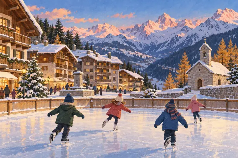 Illustration of Auron: chalets and apartment buildings on a sunny plateau below steep peaks, children skating on the village square