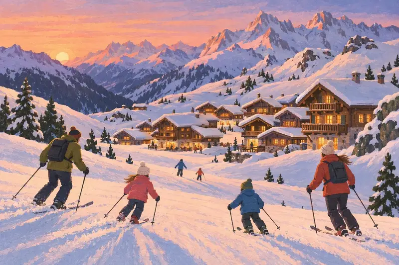 Illustration of Belle Plagne: a wood-clad village high in a snowy bowl, families skiing down at sunset