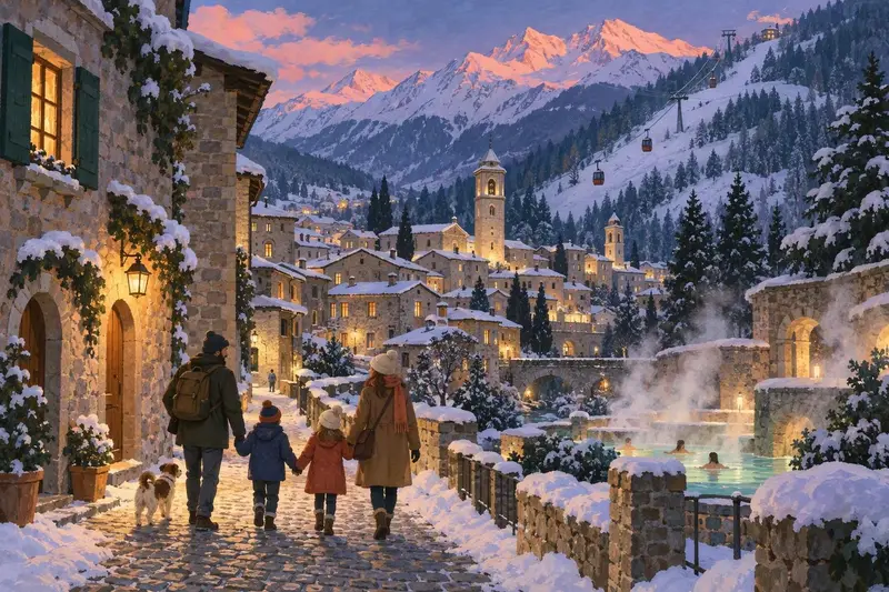 Illustration of Bormio: an old stone town with church towers below snowy slopes and a cable car, a family walking in a snowy street