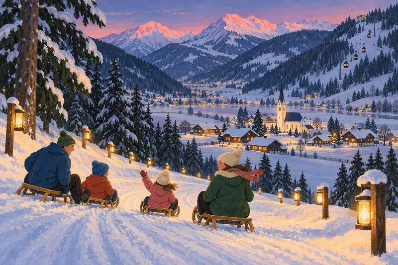 Illustration of Bramberg am Wildkogel: a valley village with a church spire below a gondola, a family tobogganing down a lit run at dusk