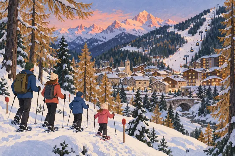 Illustration of Chantemerle in Serre Chevalier: chalets and stone houses below a forested piste and a gondola, a family on snowshoes