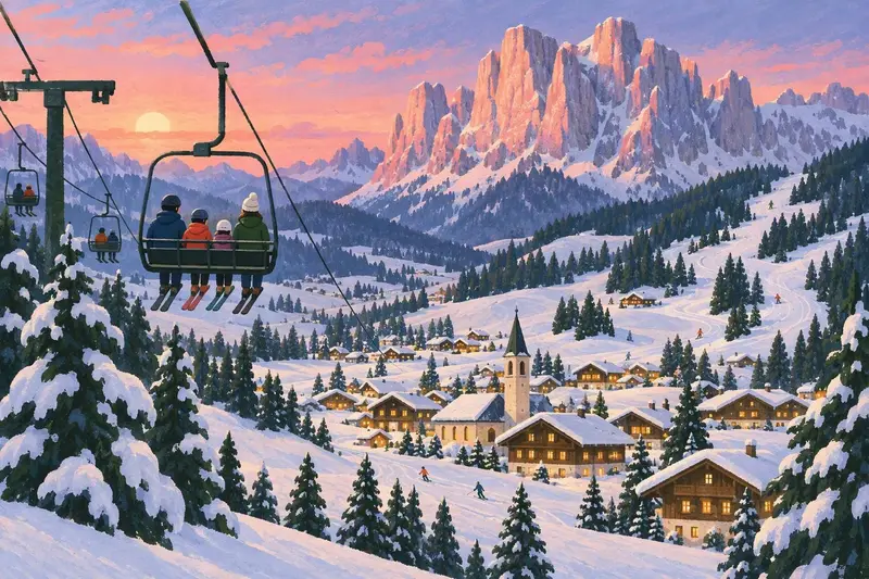 Illustration of Corvara: a Dolomites village below a pale limestone peak at sunset, a chairlift in front