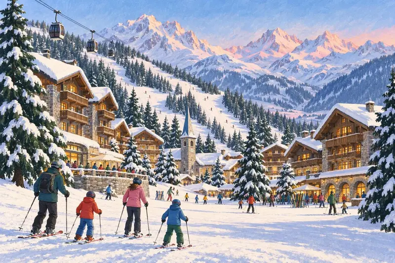 Illustration of Courchevel 1850: chalet hotels and a church spire around the snow front, a gondola overhead