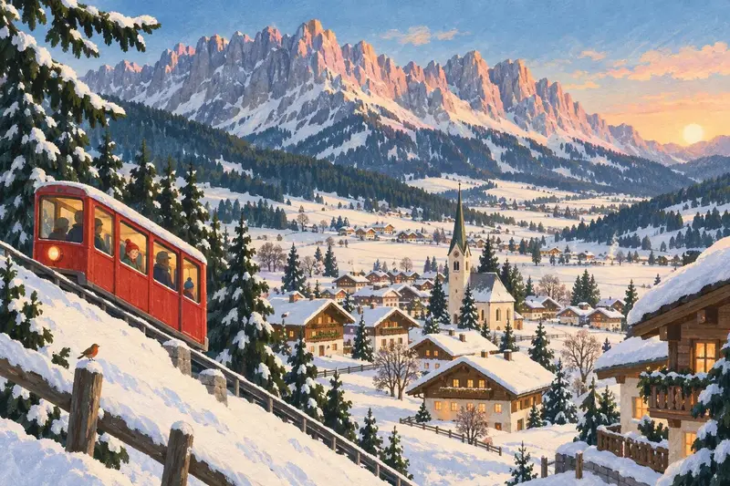 Illustration of Ellmau: a Tyrolean village below a jagged limestone wall, a red funicular climbing the slope