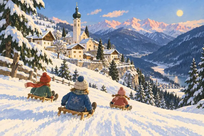 Illustration of Fiss: an onion-domed church on a sunny terrace high above a deep valley, children on toboggans