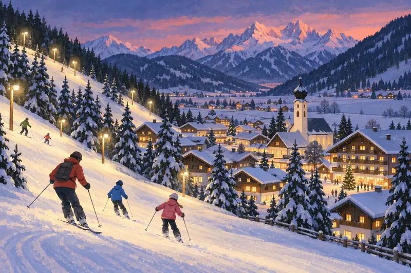 Illustration of Flachau: a valley village at dusk with an onion-domed church and a floodlit piste on the hillside