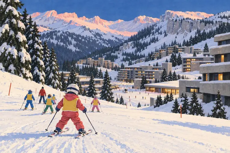 Illustration of Flaine: grey concrete modernist blocks in a snowy bowl below limestone ridges, a small child in a ski-school group in front