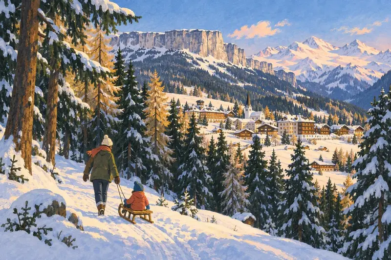Illustration of Flims: a village on a sunny forest terrace below the long cliff of the Flimserstein, a parent pulling a child on a sledge