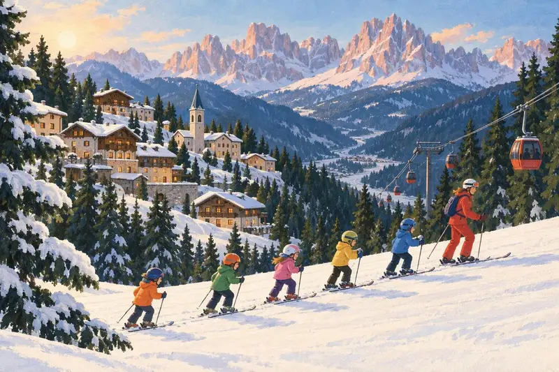 Illustration of Folgarida: chalets in the pines below a gondola with Dolomite peaks beyond, small children following their ski instructor