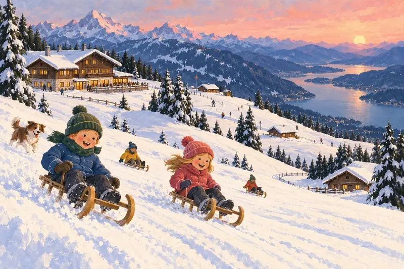 Illustration of Gerlitzen Alpe: a sunny plateau of snowy meadows and pistes above a long valley lake, children sledging