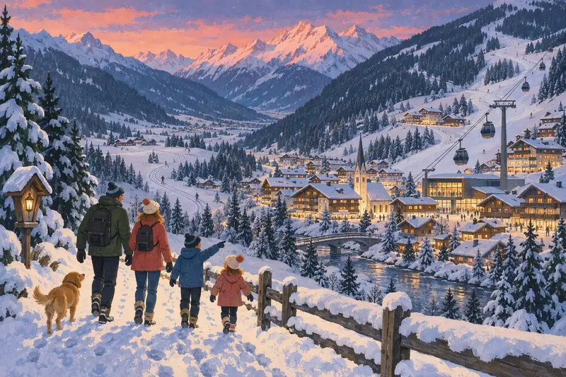 Illustration of Gerlos: a valley village along a frozen stream with a gondola rising from its centre, a family walking on a snowy path