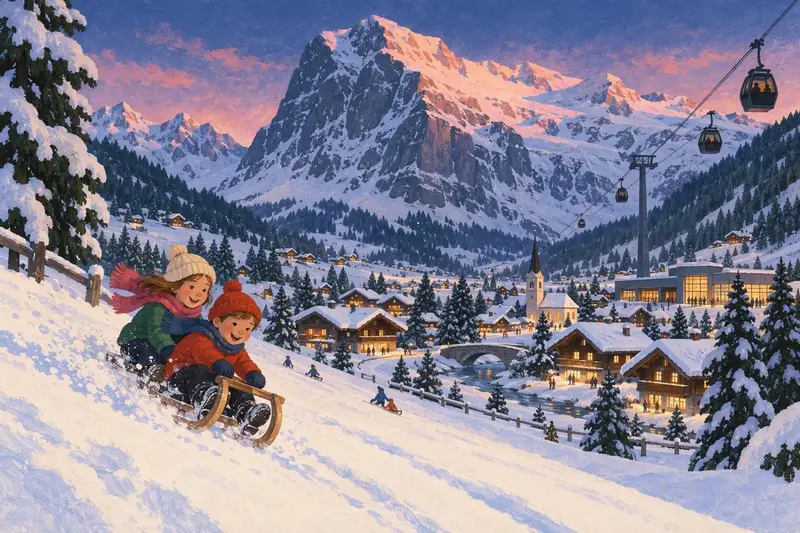 Illustration of Grindelwald: wooden chalets in a snowy valley below the Eiger, a gondola rising and children sledging