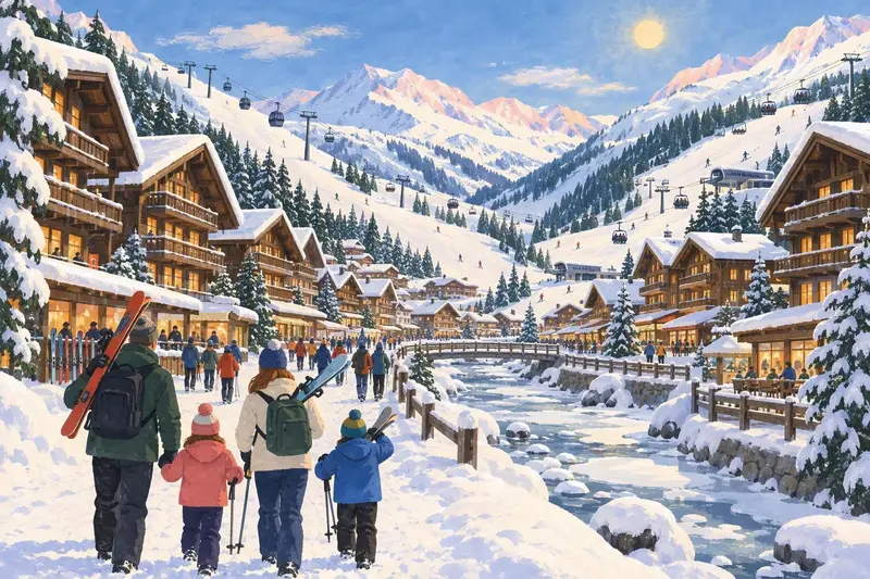 Illustration of Hinterglemm: wooden chalet hotels along a frozen stream, snowy mountains with pistes and chairlifts, families walking with skis
